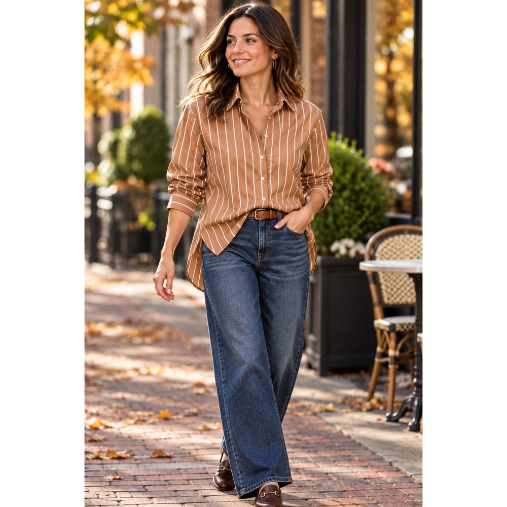 NWT Preppy Minimalist 100% Cotton Camel Stripe Button Down Tunic Shirt Brown SzL